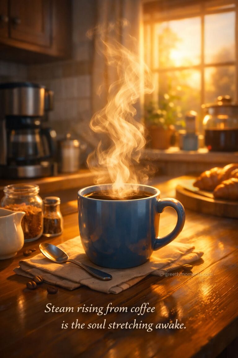 20 Morning Quotes: Early Morning Kitchen Light Aesthetic with Steaming Coffee, Warm Wishes & Cozy Inspiration
