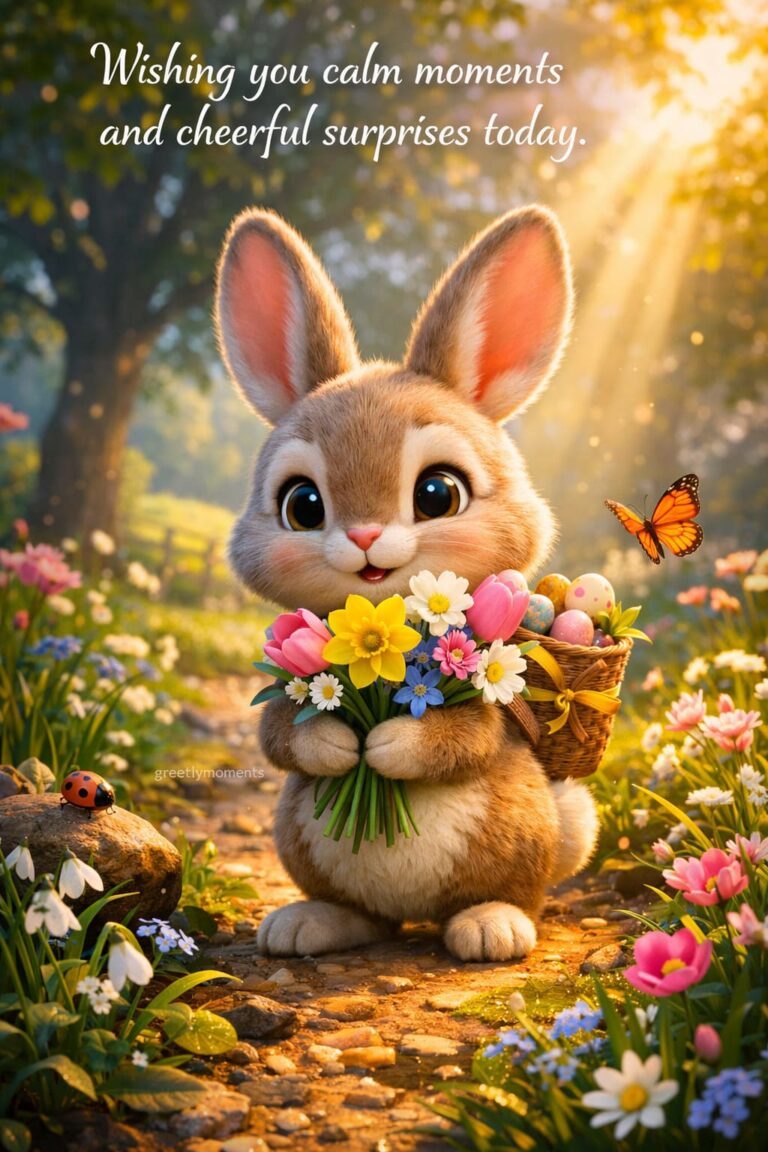 20 Wishes Whimsical bunny bringing spring morning flowers -Postcards with qoutes