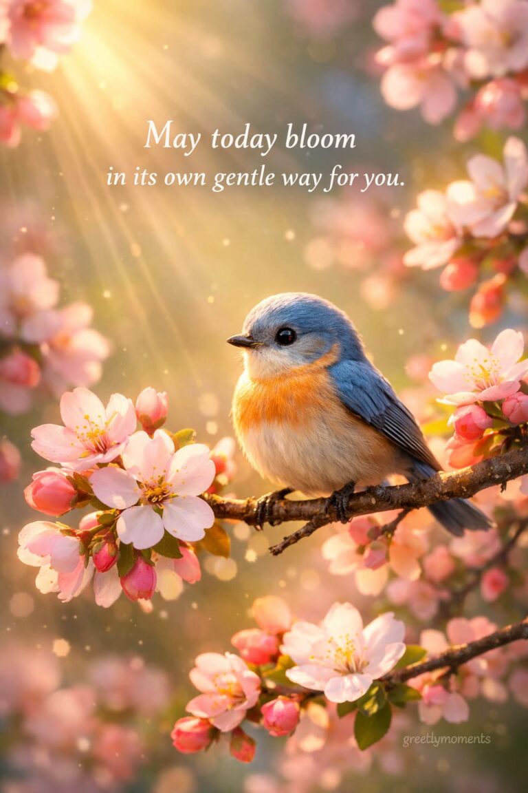 22 Morning Blessings with a Small Bird on a Blossoming Branch – Gentle Wishes, Quotes & Spring Greeting Cards