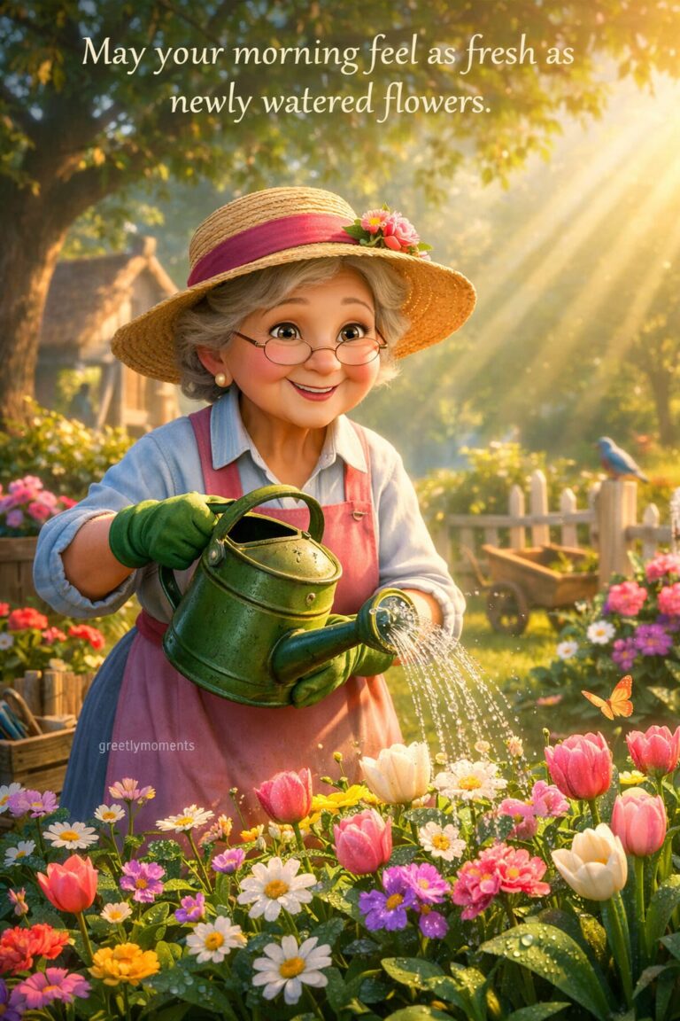 22 Vintage Gardening Lady Spring Morning Greetings – Wishes & Quotes with Charming Floral Cards