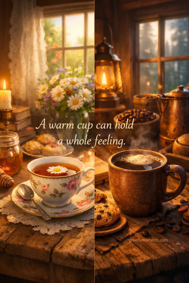 25 Cottagecore Morning Tea vs Coffee Quotes: Cozy Aesthetic Wishes & Vintage Card Inspiration