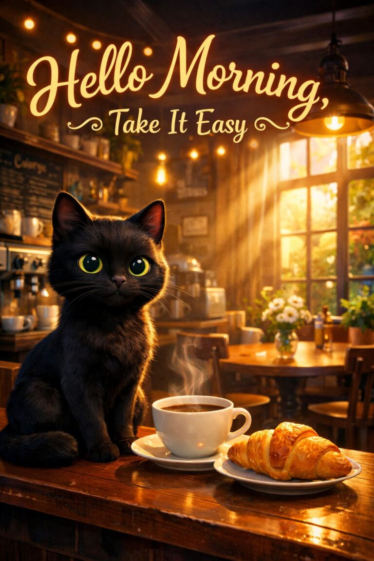 Black Cat Coffee Morning Greetings — Cozy Aesthetic Cards to Start the Day Right