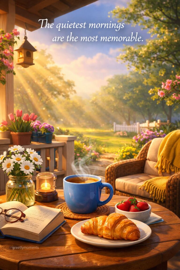 Cozy Spring Morning Coffee on the Porch: Aesthetic Postcards, Quotes & Slow Living Vibes