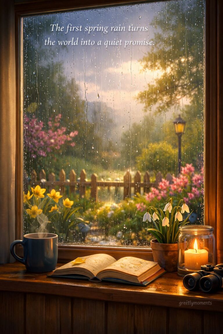 First Spring Rain Through the Window: Cozy Morning Views, Quotes & Card Inspirations