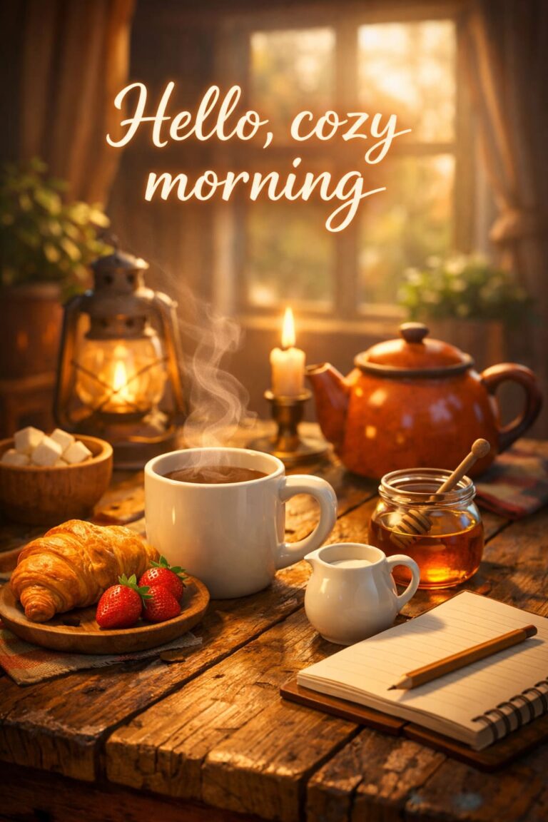 Warm Coffee Mornings on a Rustic Wooden Table: Greeting Quotes with Images
