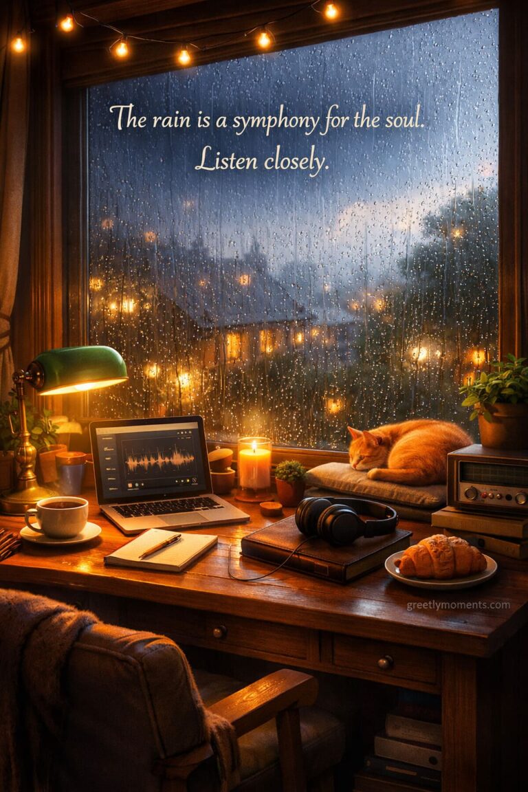 20 Heartwarming Quotes & Wishes for a Cozy Home Office Morning with Rainy Window Views