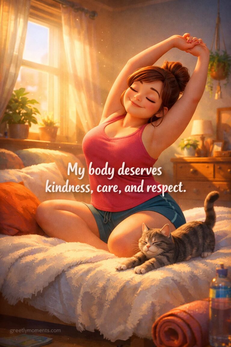 24 Uplifting Morning Stretch Affirmations for Body Positivity with Inspirational Quotes and Postcards